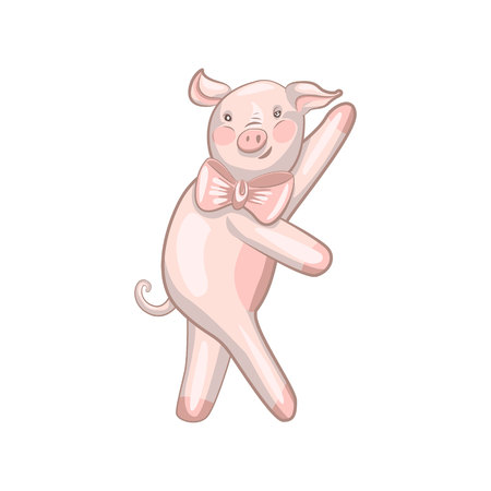 funny dancing pig with a bow around his neckのイラスト素材