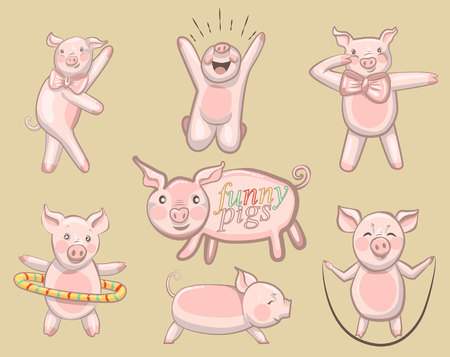 FUNNY PIGS. A set of pigs engaged in sports and dancingのイラスト素材
