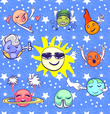 pattern with set of planets with faces on stars.のイラスト素材