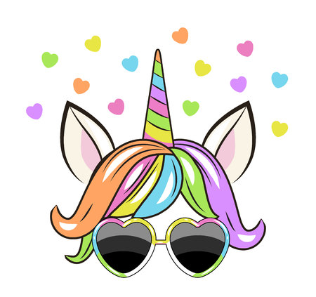 face of a unicorn with sun glasses. Can be used for baby t-shirt print, fashion print design, kids wear, baby shower celebration, greeting and invitation cardのイラスト素材