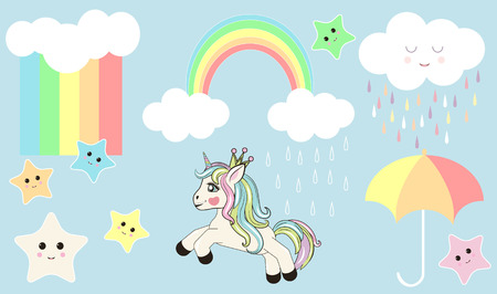 SET OF LITTLE ICONS. a unicorn running across the sky, a white cloud with a face and lovely stars with faces, a rainbow umbrellaのイラスト素材