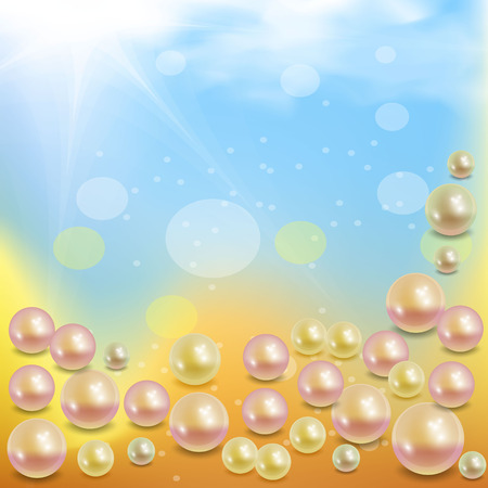 pearls pink and gold on blue sky with white cloudsのイラスト素材