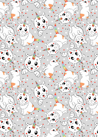 PATTERN WITH cute little cat unicornのイラスト素材