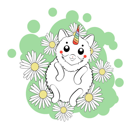 cute little cat unicorn with flowersのイラスト素材
