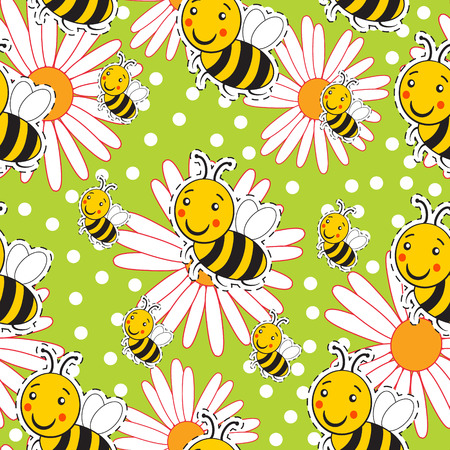 Pattern with bee and white camomiles on a green backgroundのイラスト素材