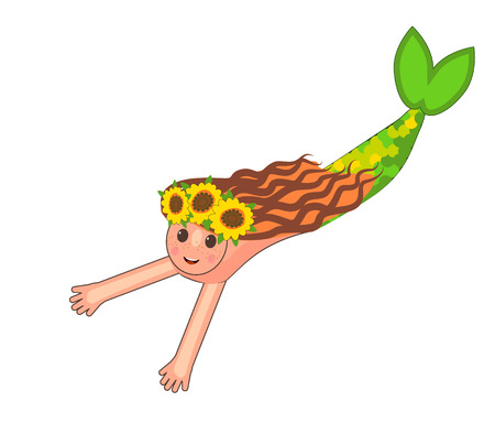 cute mermaid with a wreath of sunflowers floating. Can be used for baby t-shirt print, fashion print design, kids wear, baby shower celebration greeting CARDのイラスト素材