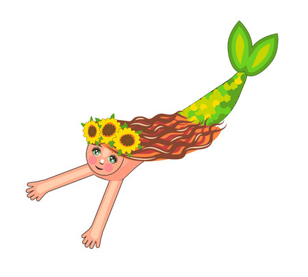 cute mermaid with a wreath of sunflowers floating. Can be used for baby t-shirt print, fashion print design, kids wear, baby shower celebration greeting CARDのイラスト素材