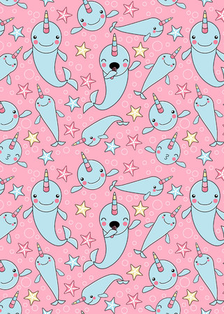 PATTERN WITH cute baby narwhal or whale unicorn characters on pink backgroundのイラスト素材