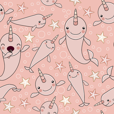 PATTERN WITH cute baby narwhal or whale unicorn charactersのイラスト素材