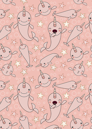 PATTERN WITH cute baby narwhal or whale unicorn charactersのイラスト素材