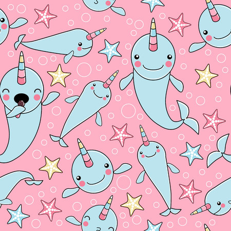 PATTERN WITH cute baby narwhal or whale unicorn characters on pink backgroundのイラスト素材