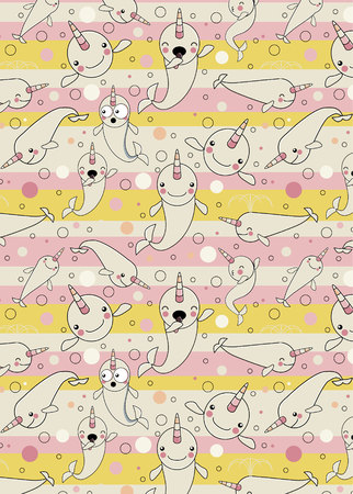 PATTERN WITH cute baby narwhal or whale unicorn characters on abstract line patternのイラスト素材