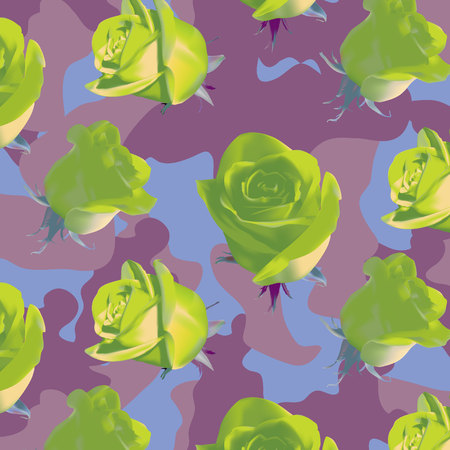 Fashionable camouflage pink, violet pattern with lime roses with leavesのイラスト素材