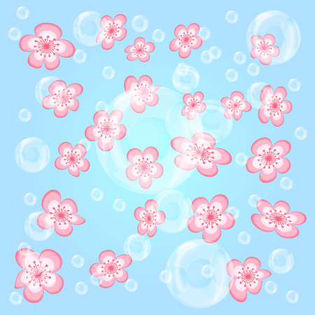 pattern cherry blossoms with bubbles on a blue background. Pink flower with five petals. realistic bubblesのイラスト素材