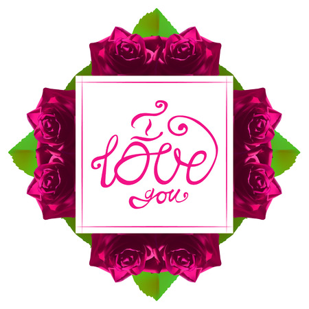 greeting card with the inscription I love you with curls with a frame of pink roses and green leavesのイラスト素材