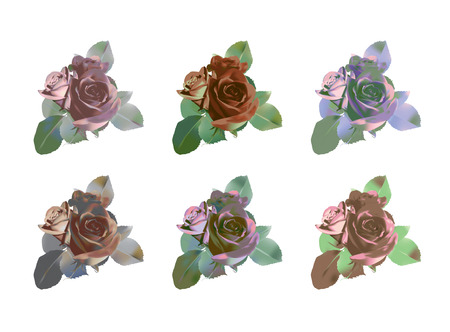 set of multi-colored roses with leaves of three flowersのイラスト素材