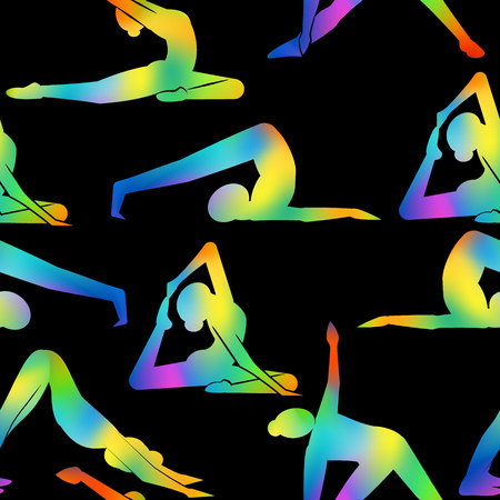 pattern with female silhouettes in a yoga pose on black backgroundのイラスト素材