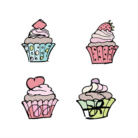Hand drawn doodle muffins set.Perfect for invitation, greeting card, coloring book, textile print.のイラスト素材
