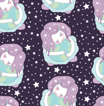 cute little girl hugging the globe. the concept of caring for the planet earth. care for the environment.のイラスト素材