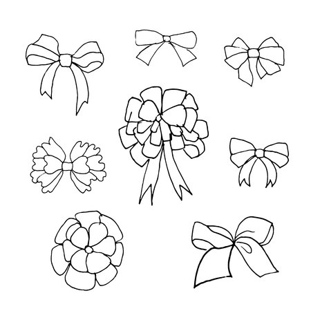 Hand drawn doodle bows set.Perfect for invitation, greeting card, coloring book, textile print.のイラスト素材