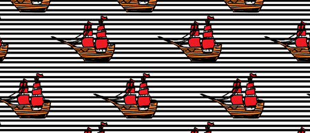 pattern with ships with RED sails on black line patternのイラスト素材