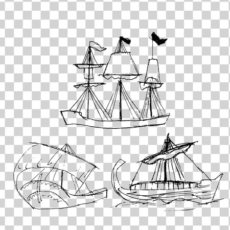 a set of sketches of ships with sails on a transparent background.のイラスト素材