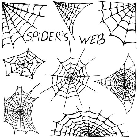 Collection of Cobweb isolated on black. Spiderweb for Halloween design. Halloween cobweb frame border and dividers isolated on white with spider web for spiderweb scary designのイラスト素材