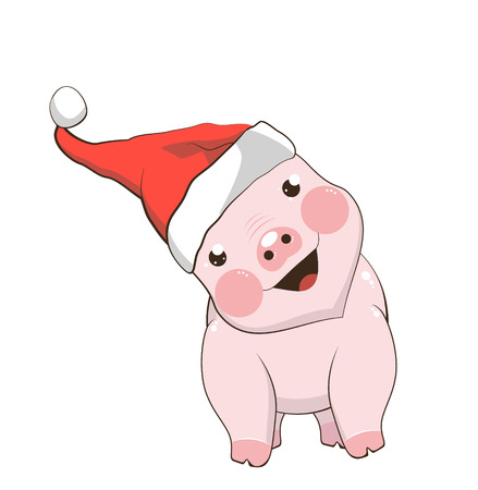 Christmas vector illustration. Funny cartoon pink pig with red hat waving and greeting. Great For Christmas and New Year cards, posters, gift tags and labels, website decoration. Place for text.のイラスト素材