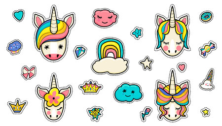 Set of different cute stickers unicorn faces with decorations on a white background. set with rainbow, donut, ice cream, clouds for stickers. Dreams unicorn with a bright coloredのイラスト素材