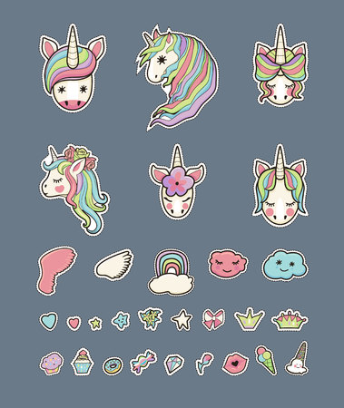 Set of different cute stickers unicorn faces with decorations on a white background. set with rainbow, donut, ice cream, clouds for stickers. Dreams unicorn with a pastel colored on grey backgroundのイラスト素材