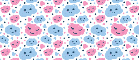 pattern with blue and pink clouds, hearts. Clouds with face on white backgroundのイラスト素材