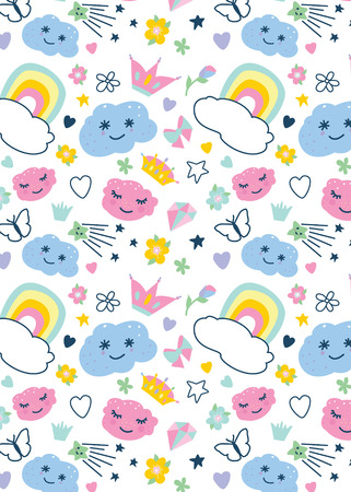 seamless pattern with decorative elements rainbow, clouds, butterfly,stars,crown,diamond hearts bowflowersのイラスト素材
