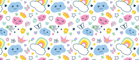 seamless pattern with decorative elements rainbow, clouds, butterfly,stars,crown,diamond hearts...