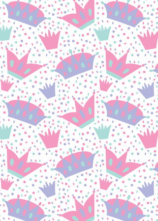 pattern with multicolor crown. Pink and violet crown and confetti on white backgroundのイラスト素材