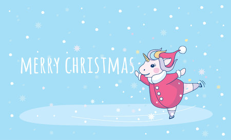 Cute unicorn skates with a Santa Claus coat and hat on blue background with snowflakes. Merry Christmas pink inscription witn little unicorn.のイラスト素材