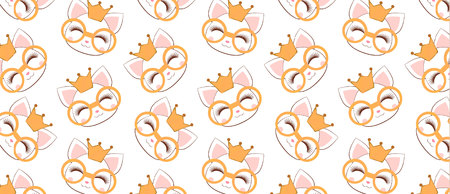 pattern with cute cat face with a gold glasses and crown.のイラスト素材