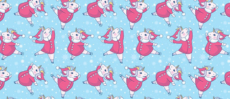 pattern with cute unicorn skates with a Santa Claus coat and hat on blue background with snowflakes. Merry Christmas pattern witn little unicorn.のイラスト素材