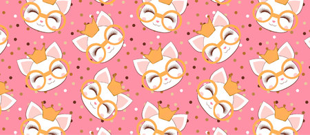 pattern with cute cat face with a gold glitter glasses and crown. Pattern with gold sparkles on a pink background. Circles of golden color scattered in a chaotic mannerのイラスト素材
