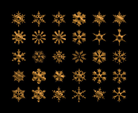 Set golden snowlakes on black backgroundのイラスト素材