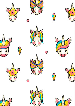 Pattern with cute faces of unicorns, ice cream, hearts. Dreaming unicorns in bright colorsのイラスト素材