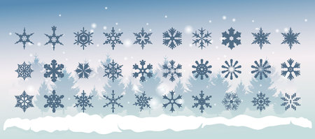 Set snowlakes with falling snow on the background of a forest with green Christmas trees