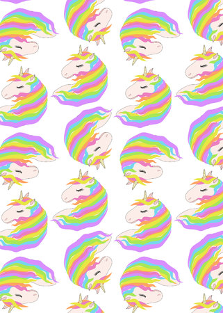 Pattern with cute faces of unicorns. Dreaming unicorns in bright colorsのイラスト素材