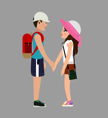 girl with a guy.The girl in a white transparent blouse, in yellow sneakers with medium brown hair and brown eyes, with a hat in her hands smiles.A guy in a blue T-shirt, blue shorts and black sneakersのイラスト素材