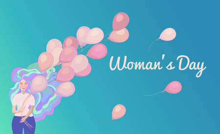 beautiful girl with a Bunch of balloons. vector design for banners, cards, posters. International Women s Day banner, placard or greeting card template with young girlsのイラスト素材