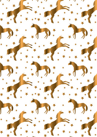 Gold unicorns pattern with gold stars on white backgroundのイラスト素材