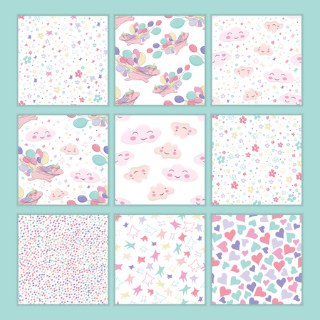 Vector templates with 9 seamless patterns with flying unicorn holds colorful balls in its mouth and decorative elements clouds, stars, hearts, flowersのイラスト素材