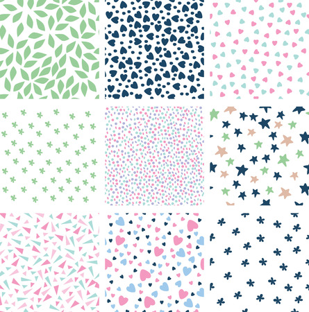 set 9 seamless patterns with decorative elements stars, hearts, bow,flowersのイラスト素材
