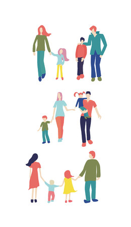 set of three families for a walk. Young family with two children.のイラスト素材