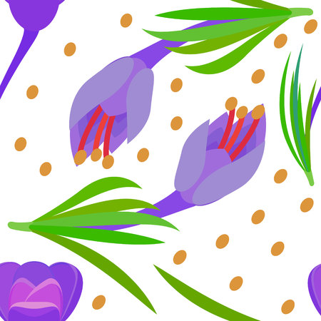 pattern with Crocus and yellow circles Violet flowers with green leaves. Spring flowersのイラスト素材