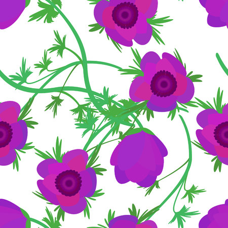 pattern with flower Anemone, pink spring flower with stem and leavesのイラスト素材